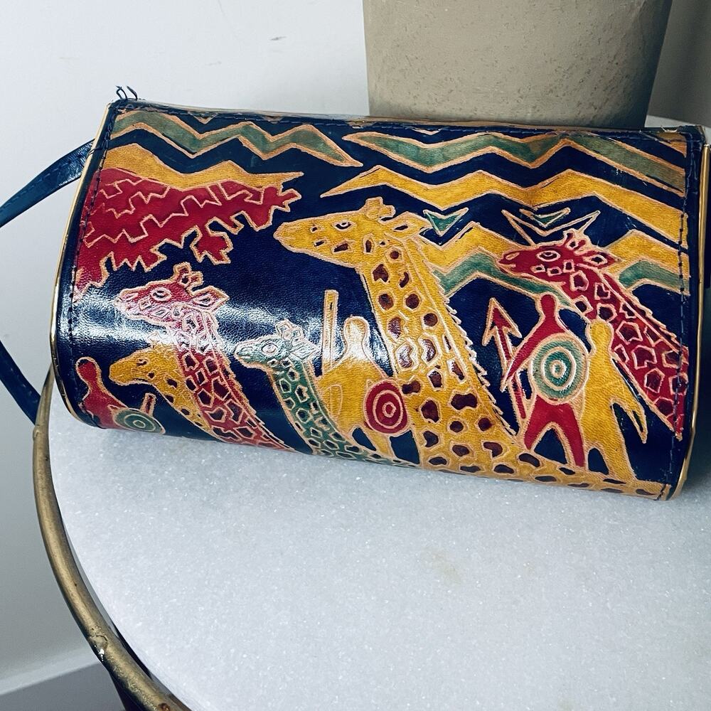 VTG Leather Embossed Giraffe Wildlife Jungle Africa Structured Crossbody Bag - Picture 6 of 12